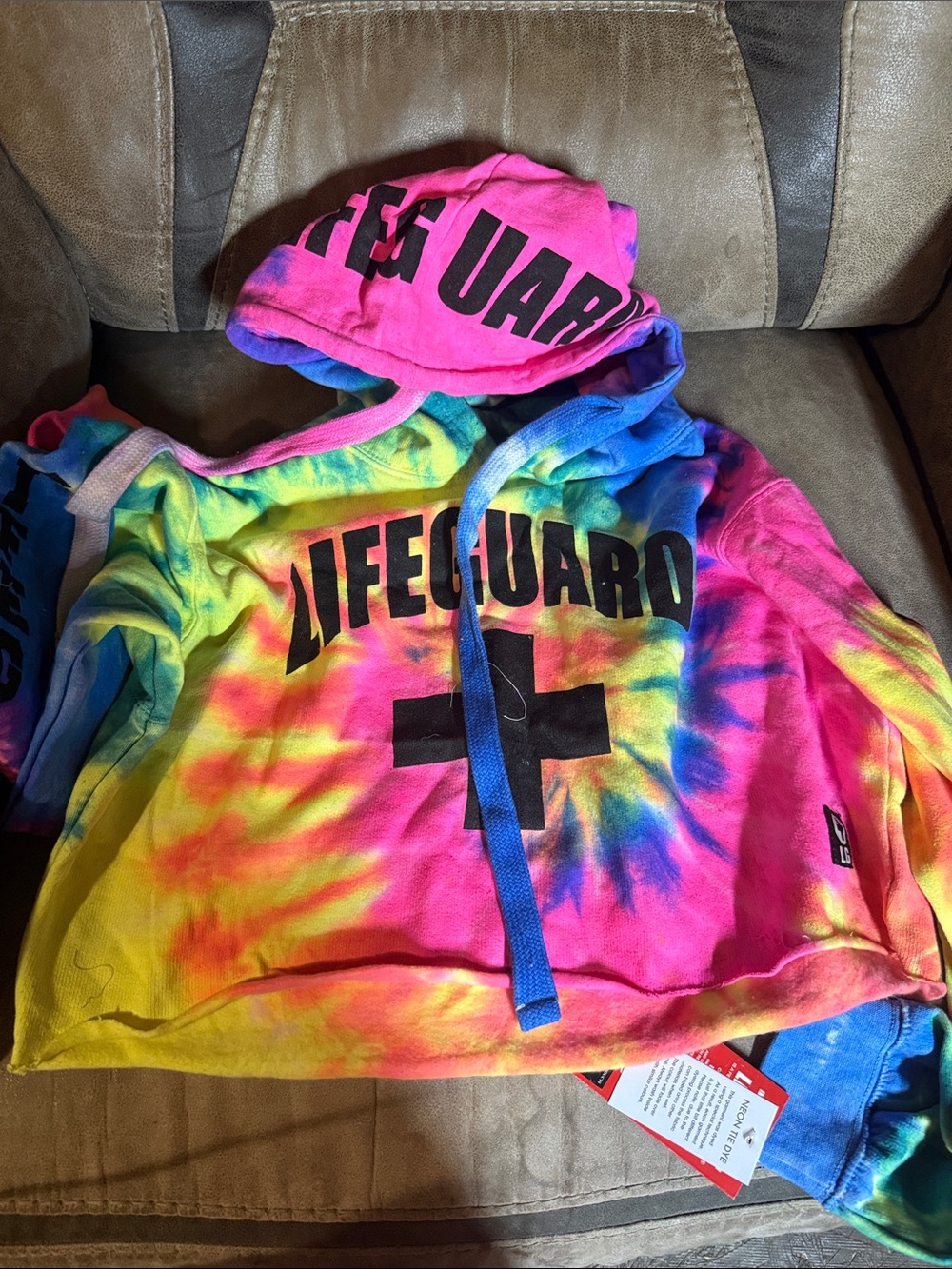 LIFEGUARD Tie-Dye Hoodie crop top in Pink & Multi Size Medium NWT